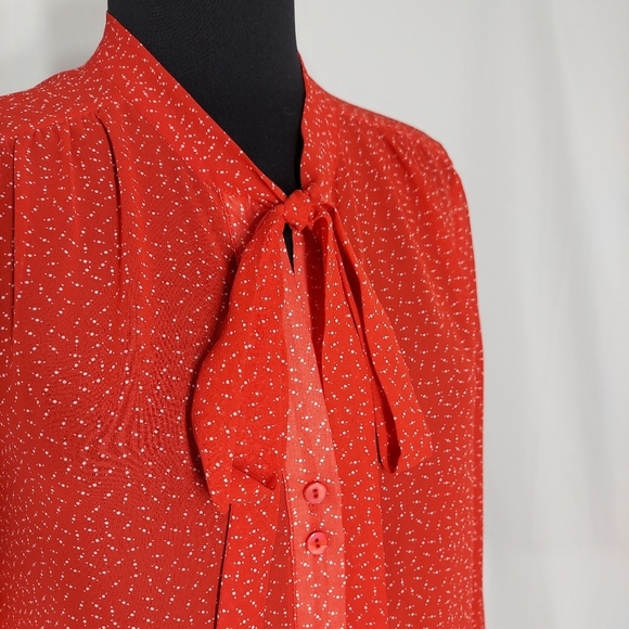 Coincidence Chance Bow Tie Button Top S Semi Sheer Red Print Secretary Blouse - Picture 1 of 6